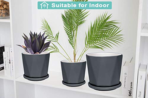 Gray Ceramic Geometric Indoor Plant Pot with Tray - Set of 3 Middle and Large Modern Planter (5.4\" 6.8\" 8.1\"), Diamond Texture Flower Pots with Drainage Hole and Saucer for Indoor Outdoor Plant - Thumbnail 6