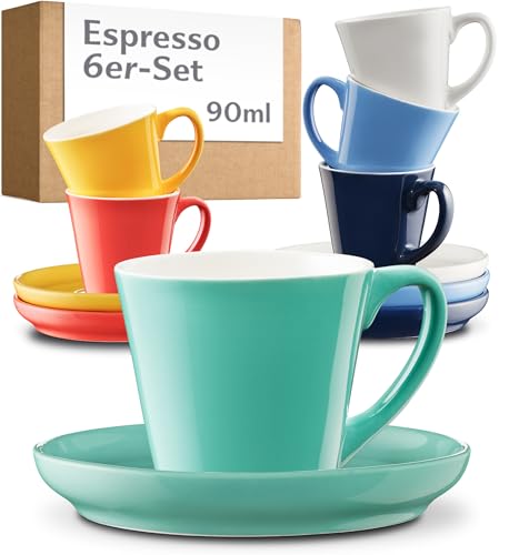 Cosumy Espressotassen Set 6er Bunt mit Untertassen - Keramik - Hält Lange Warm - Mokkatassen Stapelbar Spülmaschinenfest - Espresso Tassen mit Henkel - Geschenkbox - Espressobecher Design - 70ml
