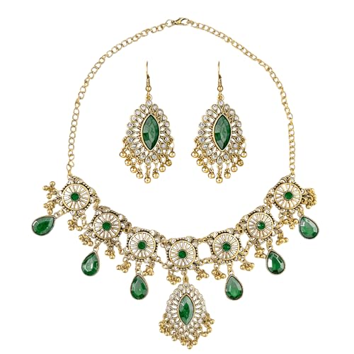 VLYX Ensemble de bijoux indiens traditionnels pour femme, Collier & Boucles d'oreilles Jhumka, Style bohème ethnique, Mariage, Soirée & Accessoires festifs (Vert)