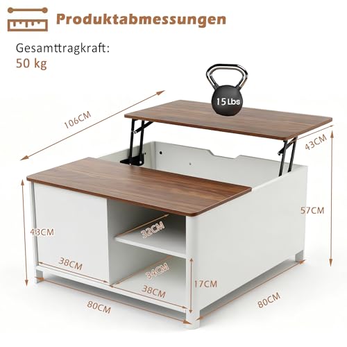 YU YUSING Couchtisch Höhenverstellbar Wohnzimmertisch mit Stauraum, Beistelltisch Kaffeetisch Quadratischer mit Verstecktem, Modern Sofatisch umwandelbar in Esstisch für Wohnzimmer/Büro, 80x80cm – Bild 3