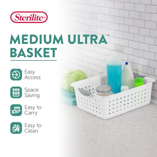 Image of Sterilite Medium Ultra Basket, Open Top Plastic Storage Bin, White, 18-Pack | Classic Storage Organizer Baskets for Countertops, Pantry Shelves, Kitchen Cabinets, Laundry Rooms & Home Offices