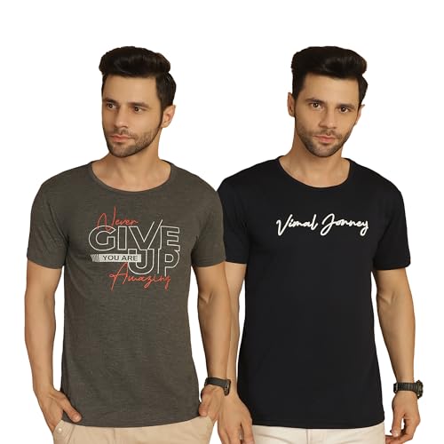 Image of VIMAL JONNEY Printed Multicolor Round Neck Cotton Half Sleeves Tshirt for Men-VIMAL55365(Pack of 2)
