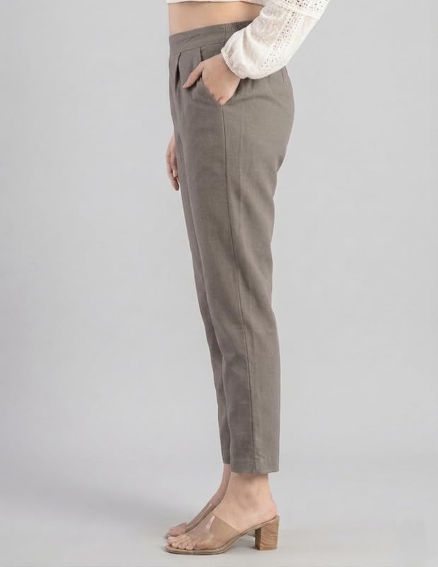 Image of Solid Cotton Woman Trousers Pants Regular Fit Kurti Pant with Drawstring Daily Office Formal Casual Use