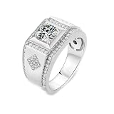 Grewod Anillo Hombre Moissanita Redonda Ancha de 1ct Talla 27, Oro Blanco 14K, Joyas Anillos Boda con Piedra