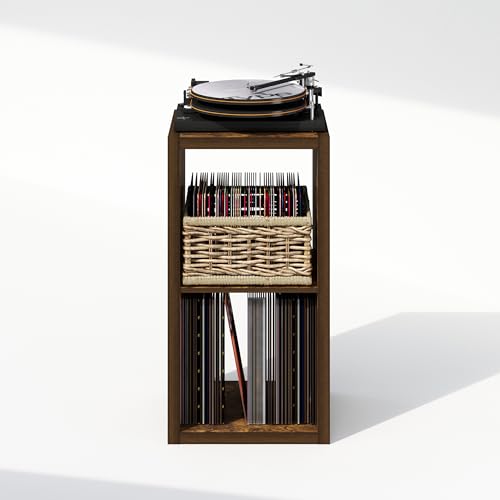 Furinno Cubicle Record Player Stand with Vinyl Storage, 2-Cube 1.2 Extra Thick Vinyl Record Storage, Open Back Media Shelf for CD DVD Blueray Game Disc, for Living Room, Home Office, Amber Pine by Furinno - Image 7