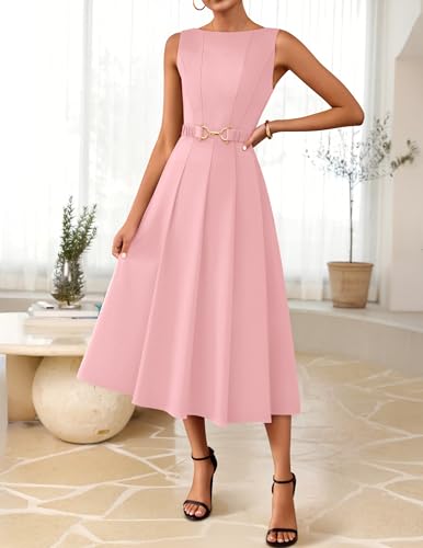 Image of ZESICA Women Summer Sleeveless Midi Dresses 2026 Elegant Boat Neck A Line Tie Waist Spring Cocktail Party Dress