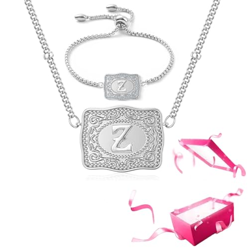 Belt Buckle Necklace With Initial, Embossed Belt Buckle Necklace Bracelet Jewelry Set for Women Personalized Letter Pendant (Z, One size)