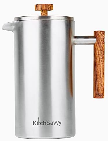 KitchSavvy Large Stainless Steel French Press Coffee Maker : 50oz 1.5L Double Wall Insulated French Press : Premium Grade Travel French Coffee Press : 4 Layered Filtration System Coffee Press