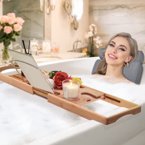 ESSORT Bathtub Tray, Bamboo Bath Tub Caddy Tray, Adjustable Bathtub Organizer Holder, Extendable Side Holder for Book, Tablet, Smartphone, Wine, Snacks, Candle (41.3"X8.7"X1.6")