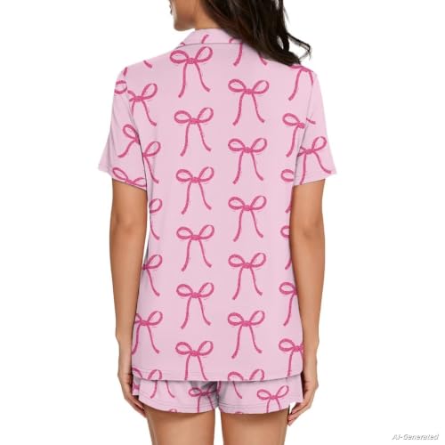 Image of Renewold Button Down Womens Pajama Set Short Sleeve Loungewear Bow Nightwear Sleepwear Night Suit Tops Shorts 2 Pieces