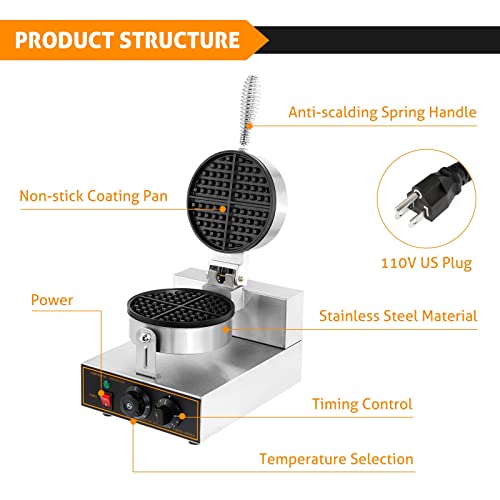 Wichemi Commercial Waffle Maker Machine Electric Waffle Iron Non-Stick Stainless Steel Waffle Furnace For Bakery, Restaurant, Snack Bar Or Household, 1200W 110V - Single Head #TOP1