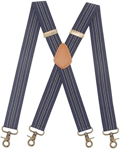Mens Suspender 4 Swivel Strong Hooks Adjustable Braces Elastic Comfortable X Style Heavy Duty Strap (Navy Stripe)