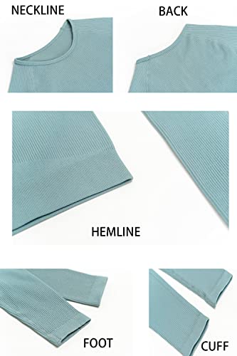 Qinsen Women Workout 2 Piece Outfits Ribbed High Waist Legging Gym Yoga Bodycon Round Neck Sports Crop Tops Sets Blue L #TOP4