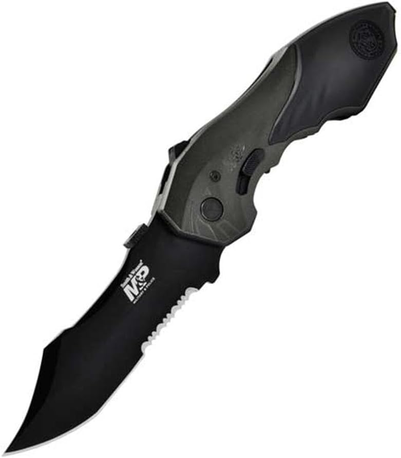 Smith & Wesson M&P SWMP5LS 8.5in S.S. Assisted Opening Knife with 3.5in Serrated Clip Point Blade and Aluminum Handle for Outdoor, Tactical, Survival and EDC , Black