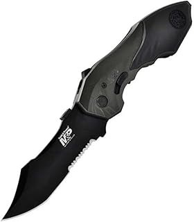 M&P SWMP5LS 8.5in S.S. Assisted Opening Knife with 3.5in Serrated Clip Point Blade and Aluminum Handle for Outdoor, Tactical, Survival and EDC , Black