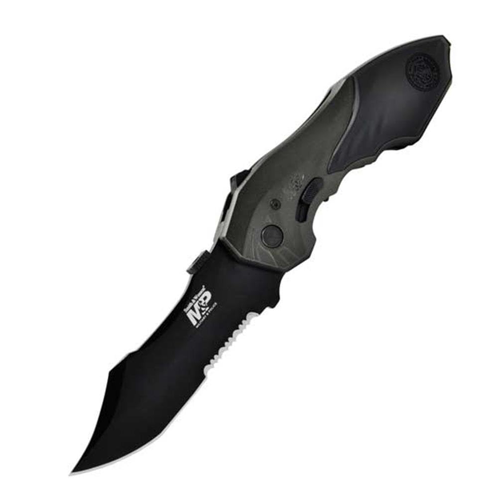 M&P SWMP5LS 8.5in S.S. Assisted Opening Knife with 3.5in Serrated Clip Point Blade and Aluminum Handle for Outdoor, Tactical, Survival and EDC , Black