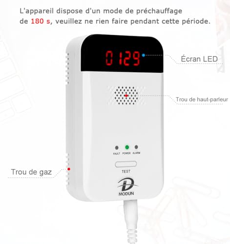 D MODUN Détecteur de gaz, Gaz naturel | GPL | Détecteur de fuite de gaz de charbon, moniteur de gaz à enfichable avec alarme sonore et affichage LED, alarme de gaz combustible méthane, propane, butane – vue 6