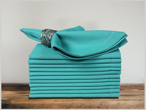 Bedding Craft Cotton Cloth Dinner Napkins Set of 12 – 18x18 Latigo Bay Teal with Hemstitched Mitered Corners – Machine Washable Reusable Napkins for Weddings, Parties & Daily Use by Bedding Craft - Used condition - US$17.98