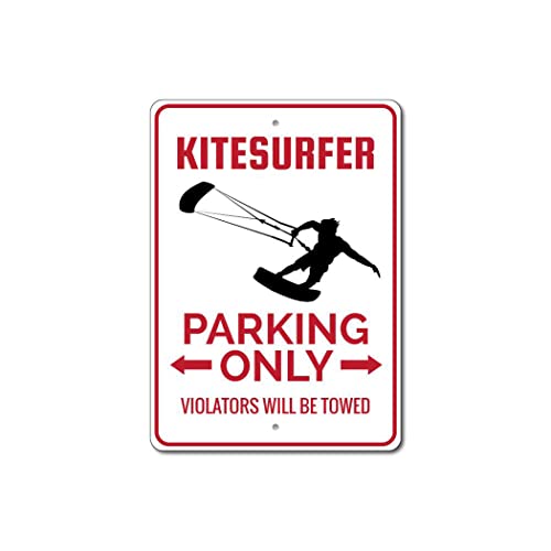 Aluminum sign reading kitesurfer parking with a kite graphic and drilled corner holes