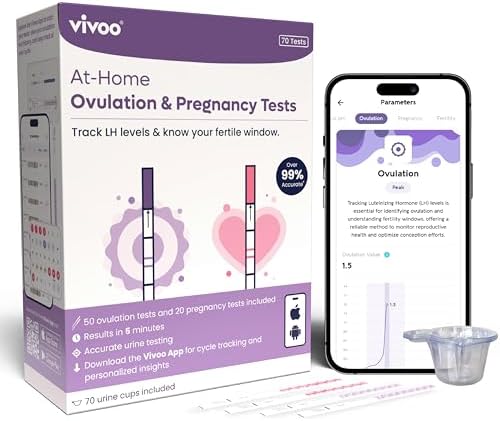 Vivoo 배란 및 임신 테스트 스트립 키트 — LH 배란 테스트 50개 + HCG 임신 테스트 20개 + 컵 70개 | 99.1% 정확도 | 5분 결과 | 무료 앱 사이클 트래커 — 사진 6