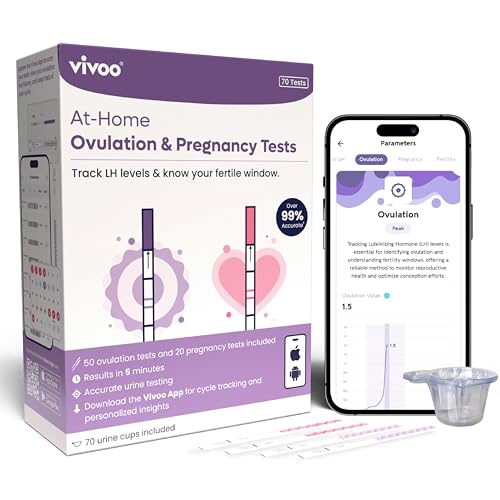 Image of Vivoo Ovulation and Pregnancy Test Strips Kit - 50 LH Ovulation Tests + 20 HCG Pregnancy Tests + 70 Cups | 99.1% Accurate | 5-Min Results | Free App Cycle Tracker
