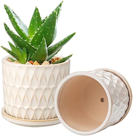Oairse Plant Pots Indoor Set of 2 Ceramic Flower Pots 12CM 14CM Small Garden Planters with Saucers Tray and Drainage Holes, White Succulent Plant Pot Cactus Plant Pot pour Indoor Plant Mini Herb