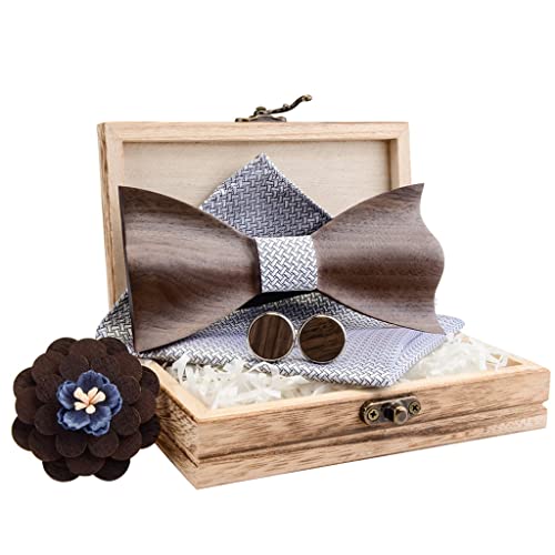 Adjustable 3D Wooden Bow Tie Set Plaid Pocker Square Bowtie Cuff Brooch Suit for Mens Wedding Accessories Wood Box Gifts (Color : A Size : 12cm*5.5cm)