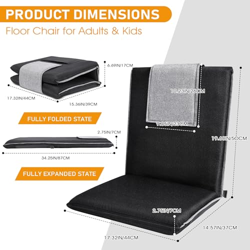 Image of Floor Chair with Back Support 14-Position Adjustable Floor Chair Portable Ground Seating for Adults & Kids Foldable Meditation Seat with Japanese KOYO Bearings & Washable Linen Cover (Black)