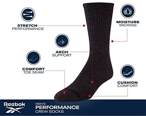 Reebok Men's Athletic Performance Cushion Crew Socks With Moisture Control (10 Pack), Size 6-12.5, Grey #TOP2