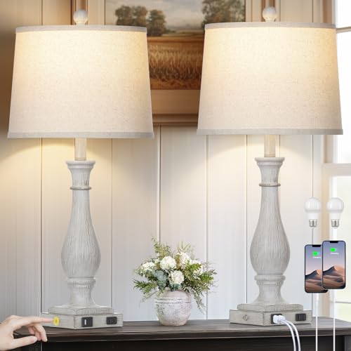 27.5" Farmhouse Table Lamps Set of 2 with USB C+A Ports & AC Outlet for Vintage Living Room Retro Bedroom, 3-Way Dimmable Touch Lamps Resin Bedside Lamps for Nightstand Side End Table, Grey