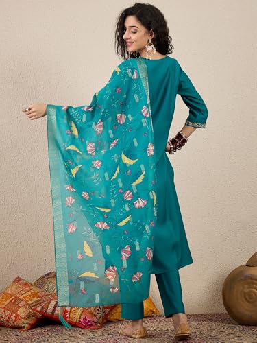 Image of VredeVogel Women's Beads Embroidered Silk Blend Kurta Pant Set with Organza Dupatta | Perfect for Festive & Casual Ethnic Kurta Set for Women