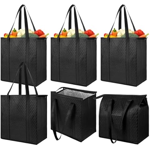 hidyuuoo 6 Pcs Insulated Grocery Bags Large Reusable Insulated Cooler Bags with Zipper Top Shopping Totes for Hot or Cold Food Cover