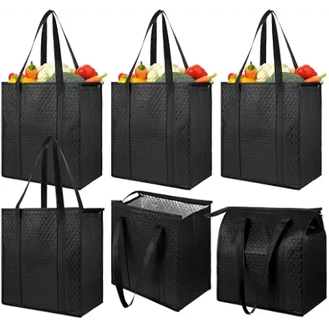 hidyuuoo 6 Pcs Insulated Grocery Bags Large Reusable Insulated Cooler Bags with Zipper Top Shopping Totes for Hot or Cold Food Cover