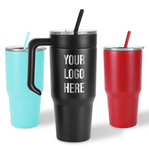Image of Custom Engraved 30 oz Tumbler with Handle for Company Branding | 30 oz insulated stainless steel tumbler, laser engraved with your custom logo for business branding and gifts