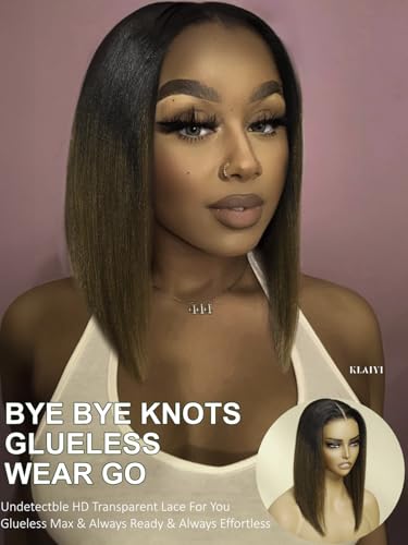 Image of KLAIYI Ombre Brown Yaki Straight Bob Wig Human Hair Bye Bye Knots Glueless Wig Precut Lace Pre Bleached Pre Plucked 7x5 Lace Front Ready to Wear Put On Go Wig with Dark Roots Balayage Brown Wig 10Inch