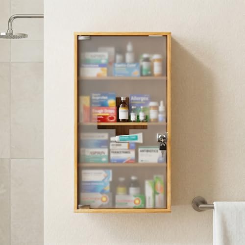 HEYZOEY Armoire médicale en bambou, armoire à médicaments murale verrouillable avec 4 compartiments, armoire à pharmacie pour salle de bain, 65×35×18 cm, grande armoire médicale pour usage domestique – vue 2