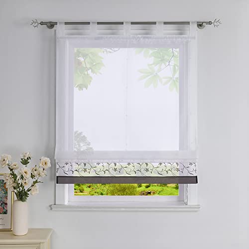 Heichkell Store bateau en voile transparent avec fleurs brodées pour cuisine et salon - Gris - Hauteur : 140 x 150 cm