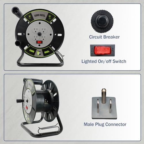EP Extension Cord Storage Reel with 4-Grounded Outlets, Heavy Duty Open Cord Reel for 12/3 14/3 16/3 Power Cords, Portable Empty Hand Crank Electric Cord Roller Holder, GY