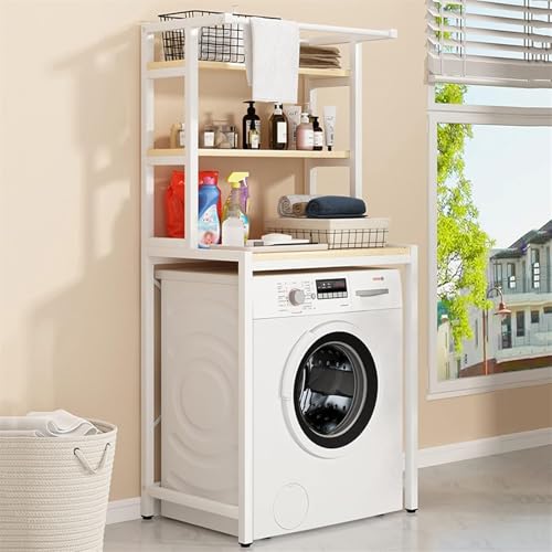 SanBouSi Waschmaschinenregal WC Regal über Waschmaschine Toilette 3 Ebenen Badregal Metall Holzwerkstoff Toilettenregal Platzsparender Badezimmerträger (Weiß+Holz)