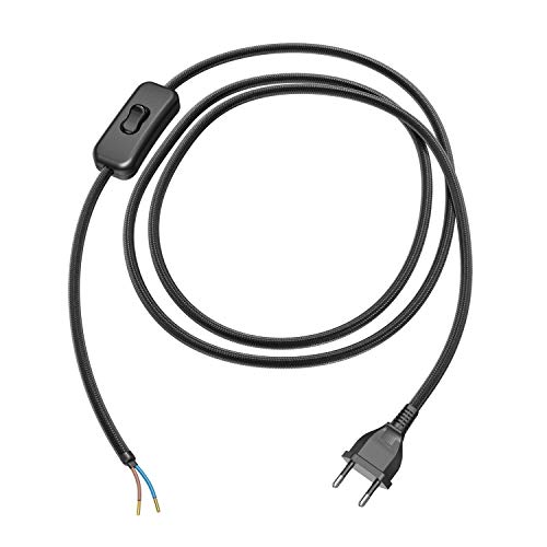 ledscom.de Spina euro di tipo C con cavo tessile, interruttore, 2 m, nero, 2 x 0,75 mm²