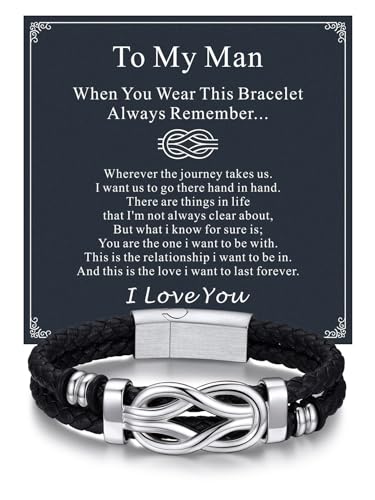 Bandmax Lederarmband Herren Edelstahl Wickelarmband Armband An Meinen Mann Geflochtenes Armband mit Karte Knotenarmband 21CM Accessoire Schmuck