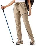 Riocs Wanderhose Damen Trekkinghose Leicht Schnelltrocknend Elastische Funktionshose Outdoor Wandern mit Kordelzug & 4 Reißverschlusstaschen, Taupe, M