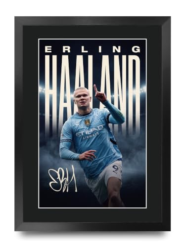 HWC Trading Erling Haaland Autographe Signé Photo Encadrée A3 Display | Cadre Noir Fabriqué dans notre Atelier au Royaume-Uni, Prêt à Accrocher, Idée Cadeau Souvenir, Décoration Murale