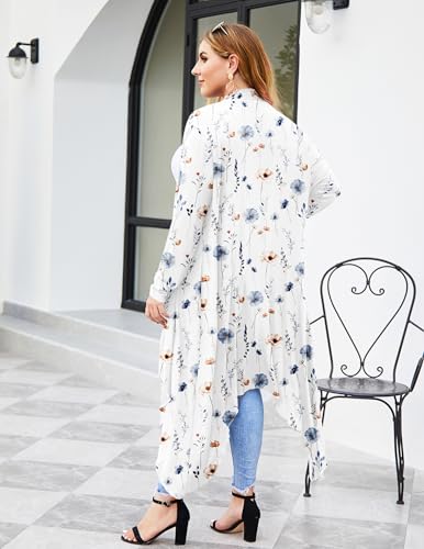 IN'VOLAND Women's Plus Size Cardigan Long Sleeve Open Front Drape Cardigans Lightweight Long Duster Blue Flower 2X