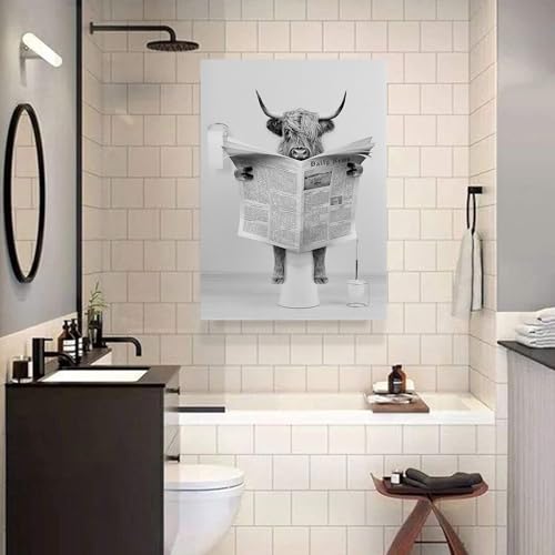 LYBOHO Black White Scottish Highland Cow Bathroom Pictures Funny Animal in the Bathtub Canvas Pictures for Living Room Bathroom Bedroom Decorative Frameless (1 Piece - Image 4