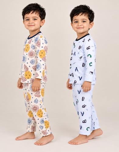 Image of 3BROS Kids Pure Cotton Night Suit Set | Boys Girls Printed Sleepwear Shirt & Pajama Clothing Combo | Soft Breathable Night Dress Outfit | Pack of 2