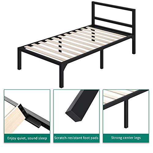 Yitahome Twin Metal Bed Frame With Headboard, 14 Inch Wooden Slat Platform Bed, Mattress Foundation, No Box Spring Needed, Black Modern Camas #TOP3