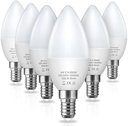 Fulighture E14 Candle Bulb [6-Pack], Cool White 6000K, 4W (40W Incandescent Equivalent) 400lm, Non-Dimmable, Small Screw Candle Light Bulbs for Chandeliers, Wall Lamps, Ceiling Fixtures