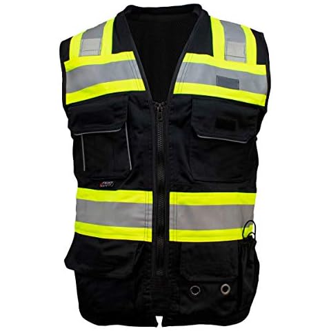Fierce Safety SU500B Premium Surveyors Class 1 Black Heavy Duty Vest, Tablet Pockets & Neck Padding | 100% Polyester Optimal Breathability | Contrasting Reflective | Meets ANSI Standards Cover