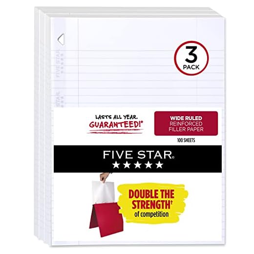 Five Star Loose Leaf Paper, 3 Pack, 3 Hole Punched, Reinforced Filler Paper, Wide Ruled Paper, 10-1/2" x 8", 100 Sheets/Pack (38033)